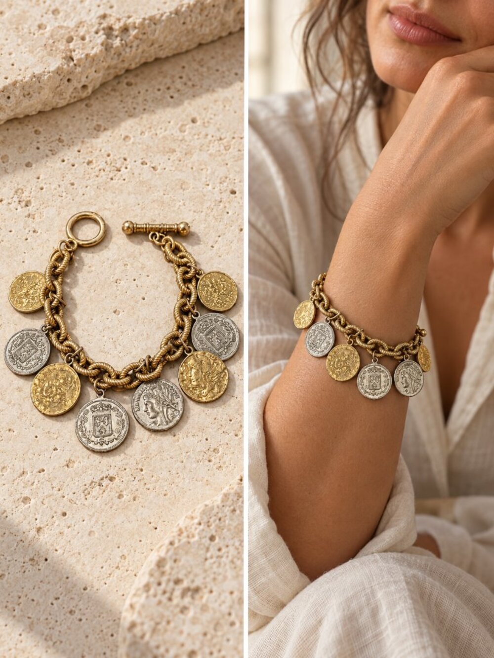 Vintage Coin Bracelet - Toggle Clasp - Silver & Gold Coins - Trendy! EUC!!!